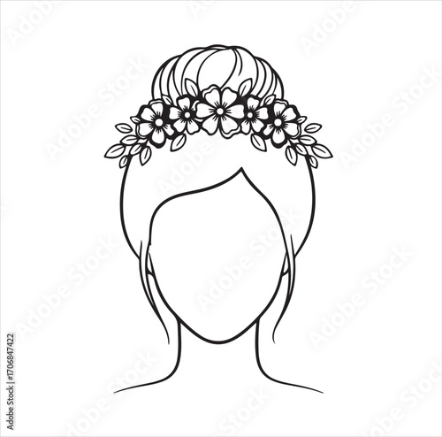 Minimal Line Art of Woman’s Updo Hairstyle with Floral Crown Elegant Vector Illustration for Beauty and Fashion