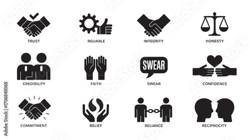 Collection of twelve abstract icons representing concepts of trust and reliability