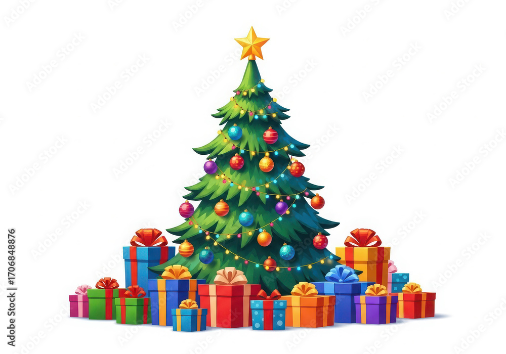Fototapeta premium Festive christmas tree surrounded by colorful wrapped presents