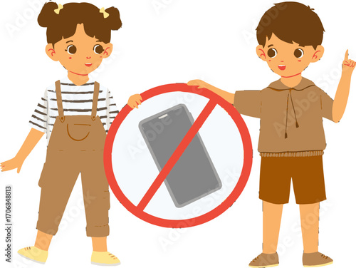 Cartoon children with a no smartphone sign illustration.