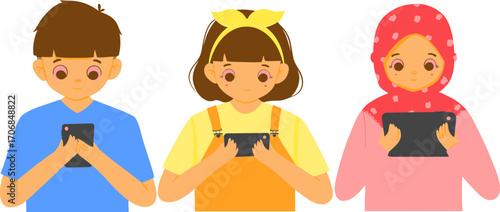 Multicultural children engaged with technology illustration.