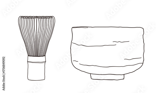 Bamboo matcha green tea whisk and matcha bowl. Hand drawn simple line art illustration vector. Chasen.
