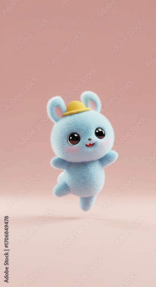 Obraz premium A light-blue plush rabbit, with a yellow hat, floats playfully against a soft, pale pink background.