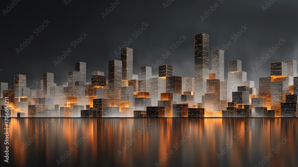 Fototapeta premium A futuristic city skyline illuminated at night, showcasing tall buildings with a reflective surface and a dramatic contrast of light and shadow.