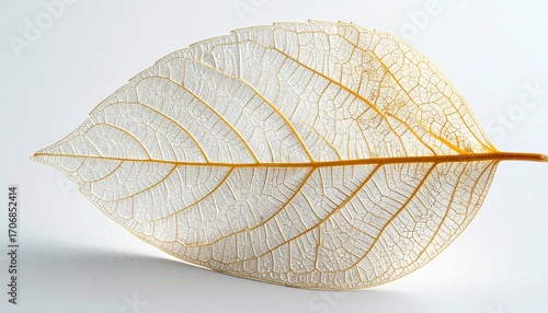 Detailed macro shot of a delicate transparent leaf skeleton with intricate golden veins on a clean white background