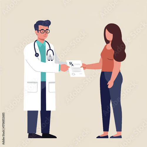 A male doctor in a white coat hands a medical prescription to a female patient in a clinic.