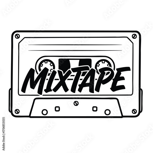 A bold black and white line art illustration of a retro mixtape audio cassette.