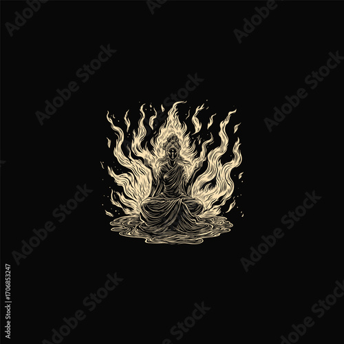 intense vintage engraving style illustration of a figure in a meditative pose, radiating powerful flames or divine light