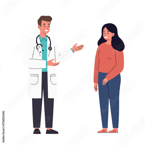 A male doctor in a white coat with a stethoscope around his neck is talking to a female patient.