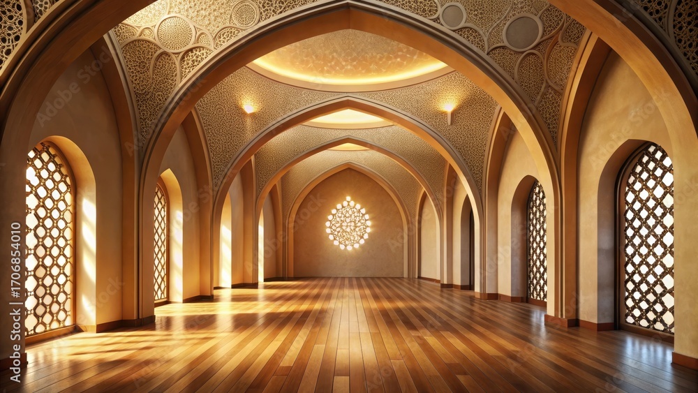 custom made wallpaper toronto digitalSerene Interior Space Featuring Ornate Arches and Intricate Lattice Windows Illuminated by Warm Sunlight