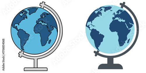 Two globe illustrations showing continents and oceans on a white background isolated view