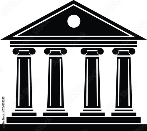 Ancient Greek Roman temple silhouette, classical architecture vector illustration, historic building with pillars, cultural heritage symbol, black and white design, iconic landmark