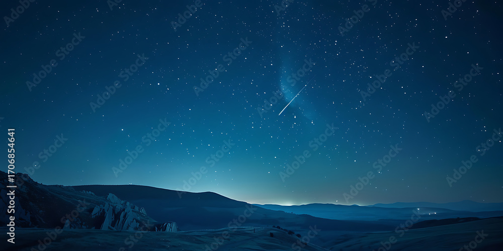 Fototapeta premium Dazzling comet streaks across a starry night sky over a serene, dark landscape.