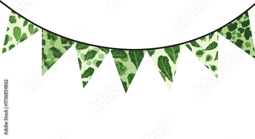 A green leaf-patterned bunting hangs against a clean white background, celebrating National Kale Day with a festive touch.
