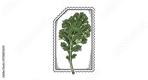 A vibrant green kale leaf enclosed in a white postage stamp outline on a clean white background, symbolizing National Kale Day.