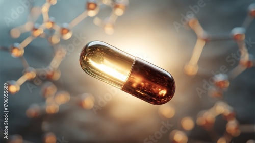 A glowing capsule floats in the foreground with softly illuminated molecular structures in the background,