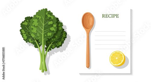 Illustration of kale, spoon, and recipe card with lemon on a clean white background, celebrating National Kale Day with fresh ingredients.