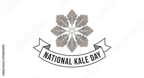 A gray and white illustration of a kale leaf surrounded by a banner reading 'National Kale Day' on a clean white background.