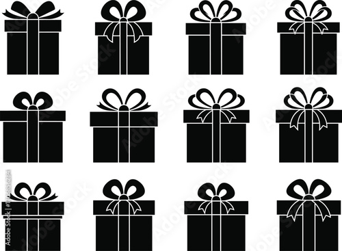Gift box icons vector illustration, black silhouette present boxes, decorative bows, festive packaging set, holiday gift design, birthday, Christmas, celebration elements