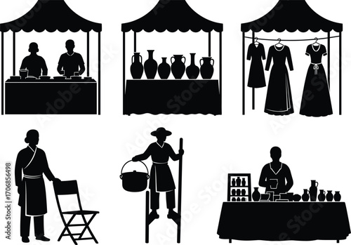 Medieval market fair vector illustration, food stall, pottery stand, vintage clothing shop, vendors, traditional fair, silhouette style, black and white artwork