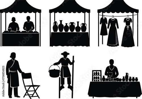 Medieval street market vector illustration, food vendors, pottery stalls, vintage clothing, traditional fair scene, black silhouette style, historic fair people