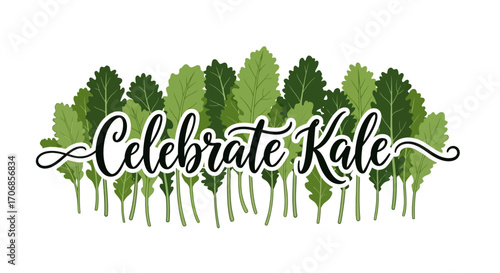 Graphic illustration celebrating National Kale Day with stylized kale leaves and text on a white background