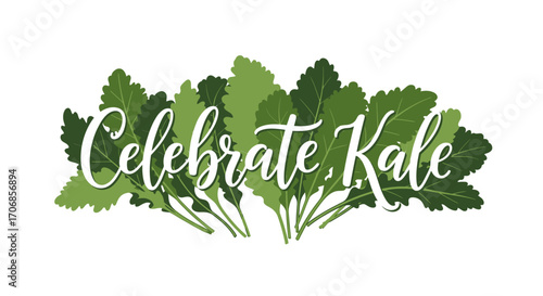 Illustration of green kale leaves with the text 'Celebrate Kale' written in white cursive font on a clean white background for National Kale Day.