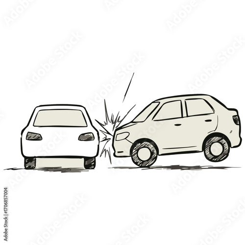 Two cars crash in a cartoon drawing style, illustrating an auto accident, insurance claim, or the aftermath of a vehicular collision. The sketch emphasizes the damage and the event