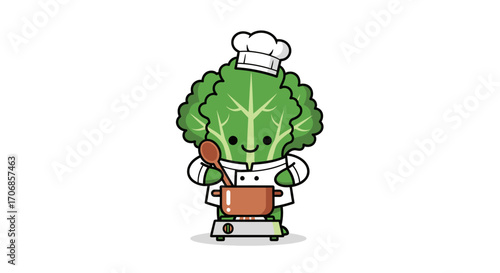 Illustration of a broccoli chef cartoon character holding a spatula and pot on wheels celebrating National Kale Day with a playful and healthy vibe against a clean white background.