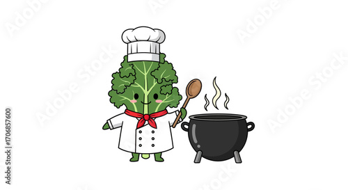 Cartoon kale character in chef's hat and apron holding spoon near steaming pot on National Kale Day.