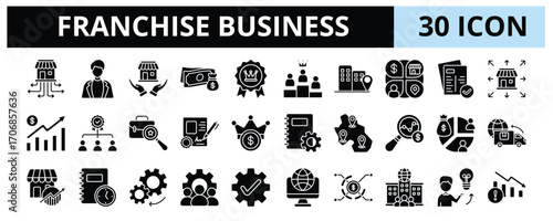 30 Franchise Business Glyph Icons Vector - Business Model, License, Expansion, Business Opportunity, Royalties, Profit Sharing, Supply Chain, Control Management