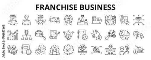 30 Franchise Business Line Icons Vector - Business Model, License, Expansion, Business Opportunity, Royalties, Profit Sharing, Supply Chain, Control Management
