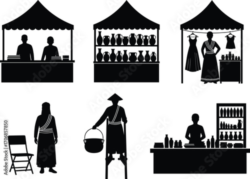 Traditional street market vector illustration, vendor stalls, handmade pottery, clothing booths, cultural fair silhouettes, outdoor festival, folk trades, ethnic market scene