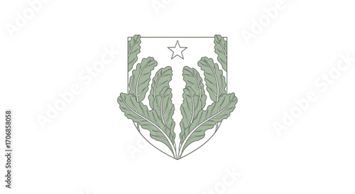 Illustration of a shield with green kale leaves and a star on a white background, symbolizing National Kale Day in a simple, graphic style with muted green and gray tones.