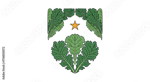 Illustration of green kale leaves forming a shield shape with a gold star, symbolizing National Kale Day in a vibrant and healthy context.