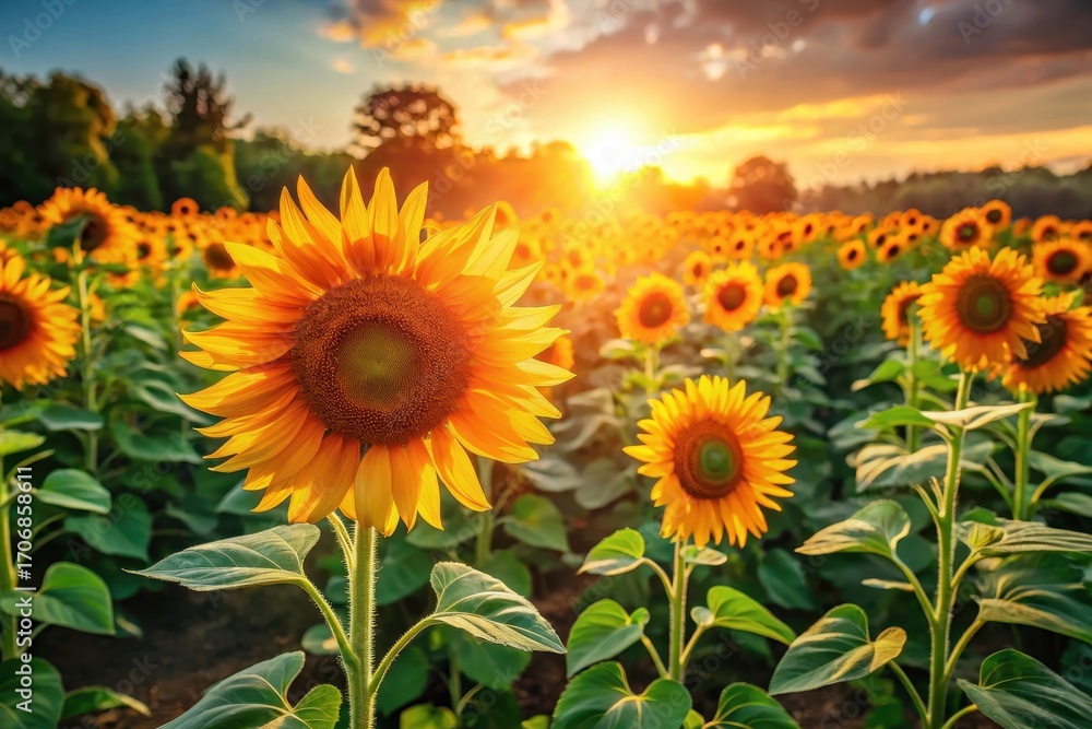 Fototapeta premium Golden Hour Sunbeams Illuminate a Field of Vibrant Sunflowers at Sunset