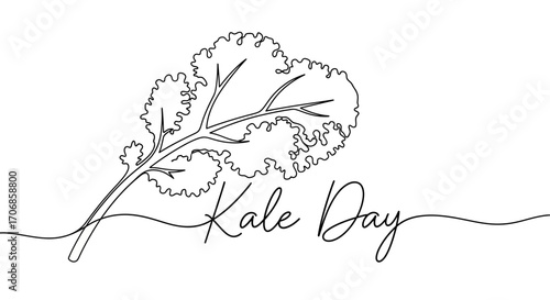 Line drawing of a kale leaf with the words 'Kale Day' written in cursive on a wavy line across a plain white background.