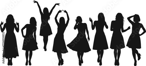 Vector silhouette illustration of dancing women in dresses, joyful poses, female figures celebrating, graceful movement, black isolated figures, elegant and energetic women