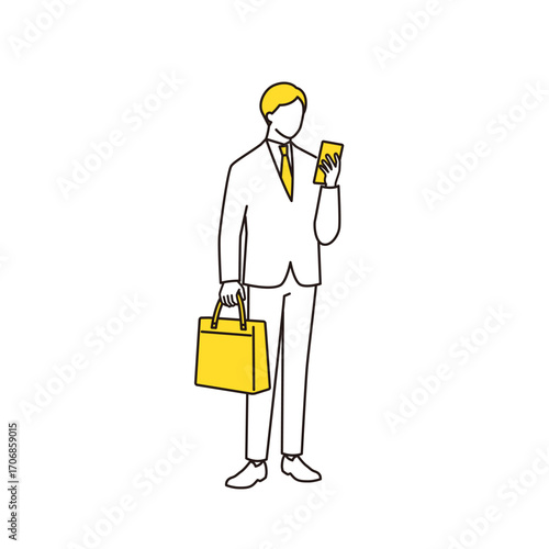 スマホを確認しているビジネスマンの線画イラスト