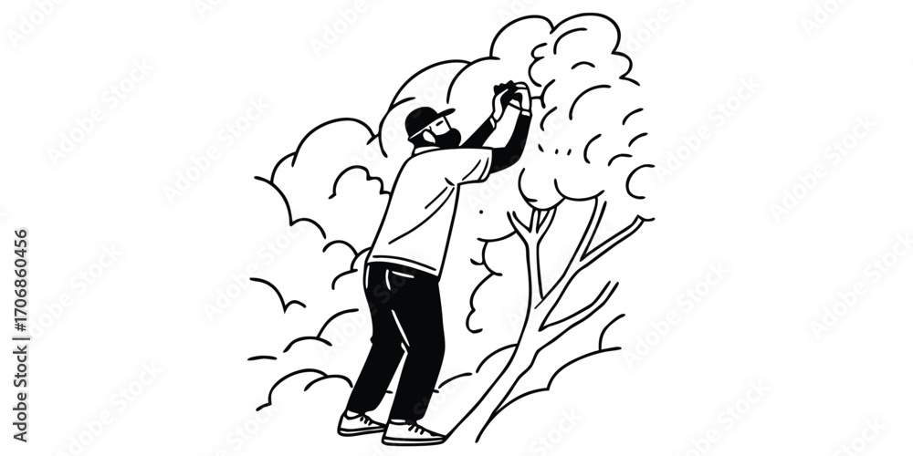 Fototapeta premium Person reaching into leafy branches tree leaves