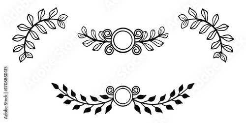Black botanical flourishes with central circular elements decorative ornamental