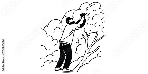 Person reaching into leafy branches tree leaves