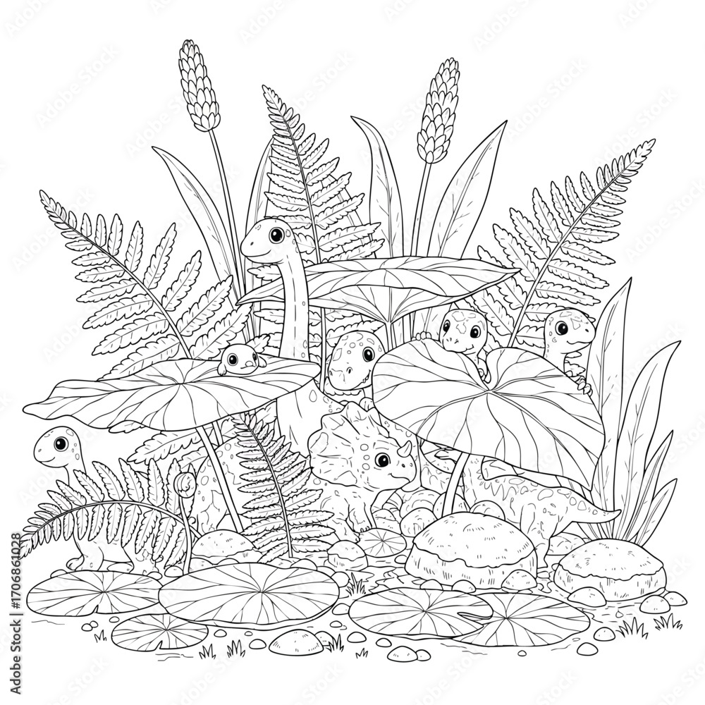 Naklejka premium A detailed coloring page of cute baby dinosaurs hiding among ferns and lily pads in a prehistoric swamp.