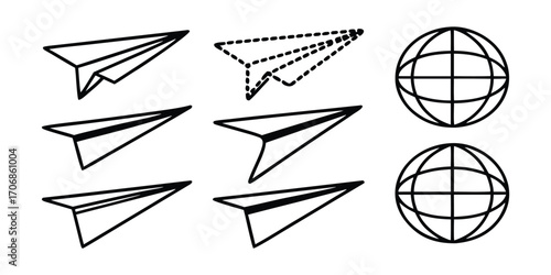 Black paper airplanes and globes icons travel communication