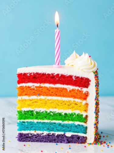 Celebratory rainbow cake slice with candle colorful dessert setting delicious food photography bright background fun concept