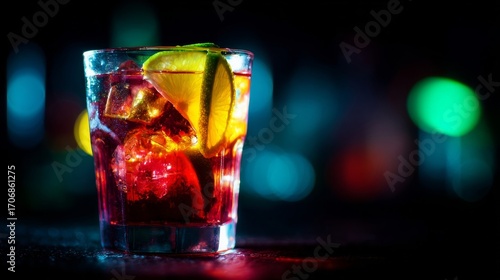 An elegantly composed cocktail in a clear glass with vibrant ice cubes and a citrus slice,