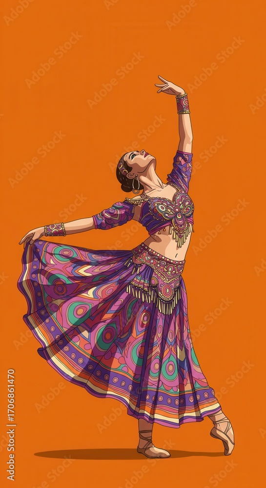Naklejka premium A stylized illustration of a dancer in vibrant, colorful attire, performing a graceful and dynamic pose against a striking orange backdrop.