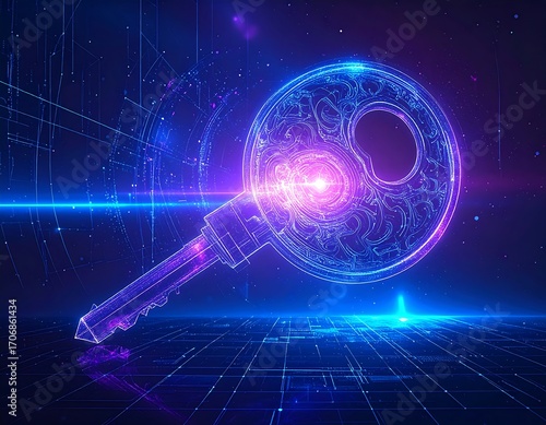 Futuristic key in digital space