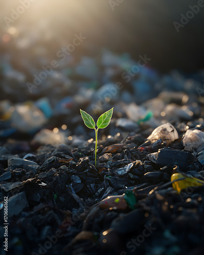 recycling and nature themes: photos of trees sprouting from waste, Earth held above trash, and green initiatives with ample blank spaces for environmental messages.