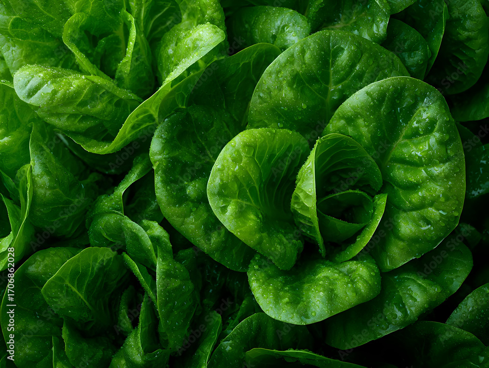 Fototapeta premium Close-up of fresh, vibrant green romaine lettuce leaves, showcasing their rich texture and natural beauty, perfect for health-focused themes.